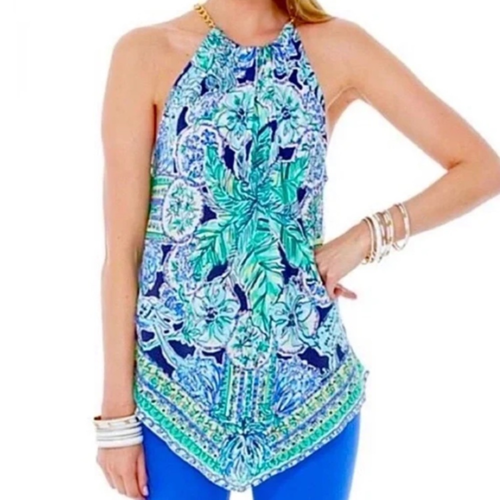 Lilly Pulitzer 100% silk Cabana Escape tank w/gold chain neck detail Sz XS - Picture 2 of 8